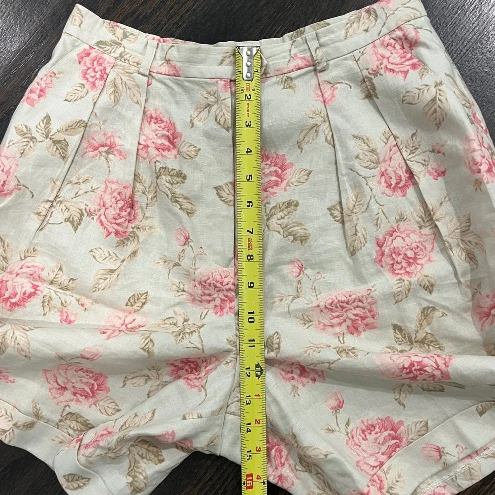 Vintage Lauren Ralph Lauren Shorts Womens 8 Beige Floral Linen Pleated Cuffed - Picture 6 of 7